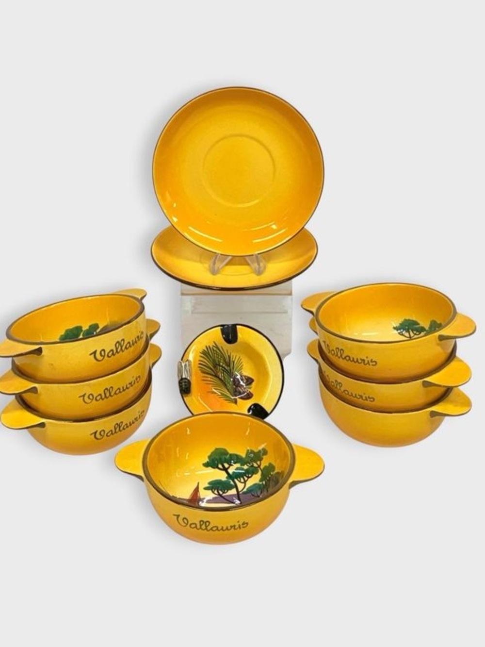 Yellow Glazed Ceramic Soup Bowls and Saucers Set